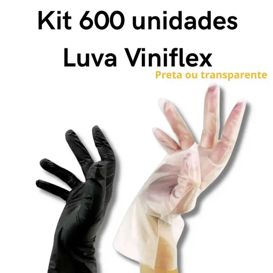 Kit 600 Luva Viniflex Vabene Descartável - Preta e Transparente - Tamanhos P, M, G