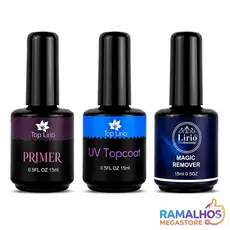 Top Coat - Primer - Magic Remover Lirio/Bella Rosa Preparadores Alongamento Unha gel fibra