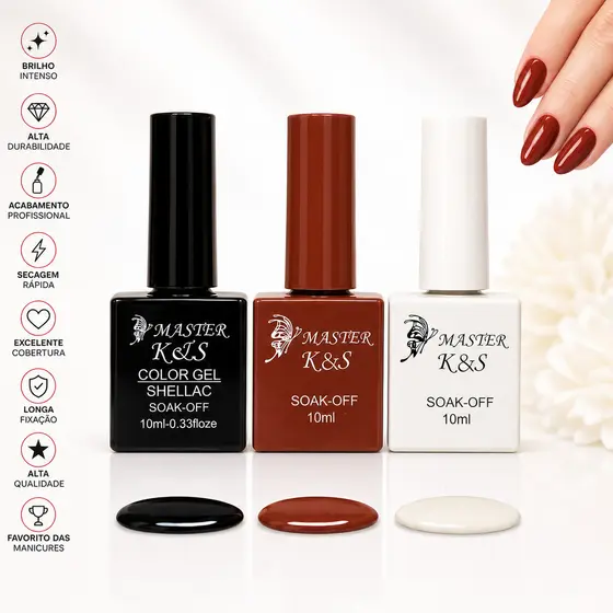 Kit 3 Esmaltes Em Gel UV LED Master K&S 10ml Brilho Intenso Alta Duração