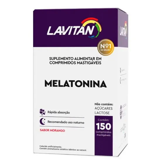 Lavitan Melatonina Original Cimed 150 Comprimidos Mastigáveis Morango Regulador do Sono Suplemento Alimentar Uso Noturno
