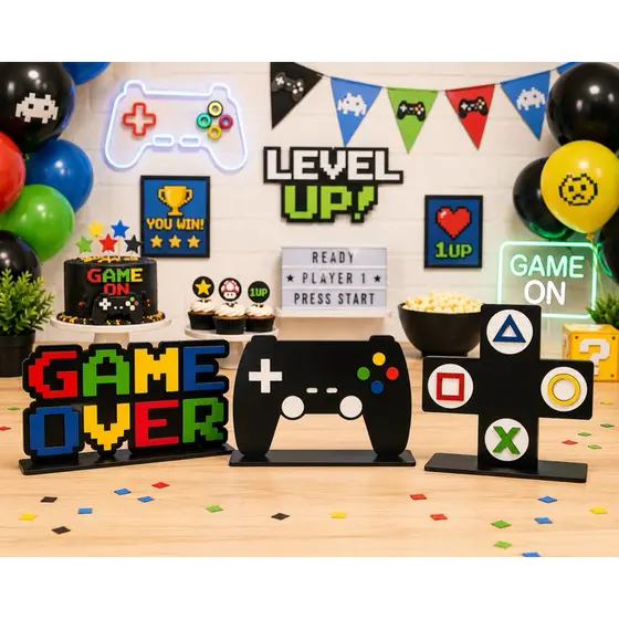 Kit Decoração Gamer MDF Festa Quarto Infantil Game Over Controle Símbolos PlayStation 3 Peças