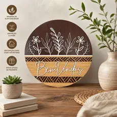 Guirlanda Placa Bem Vindos 30cm Redonda MDF – Enfeite para Porta de Entrada, Decoração Rústica Sala Hall Varanda