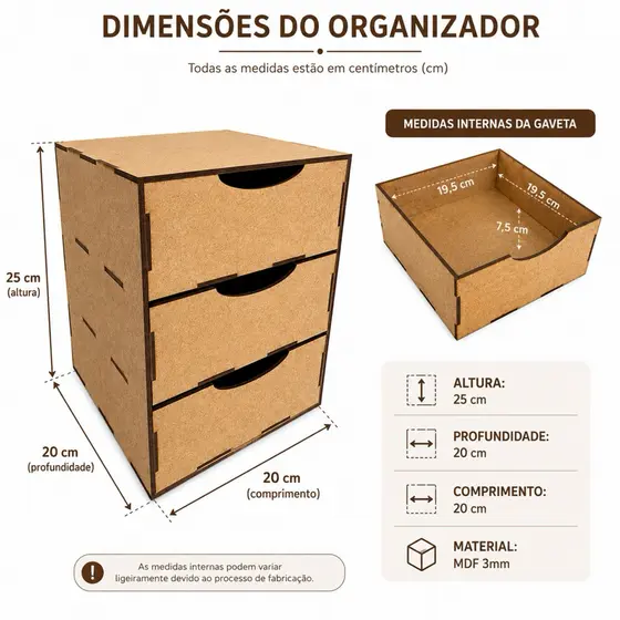 Gaveteiro MDF 3 Gavetas Organizador de Mesa Papelaria Maquiagem e Bijuterias