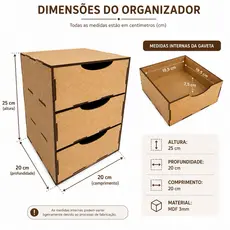 Gaveteiro MDF 3 Gavetas Organizador de Mesa Papelaria Maquiagem e Bijuterias
