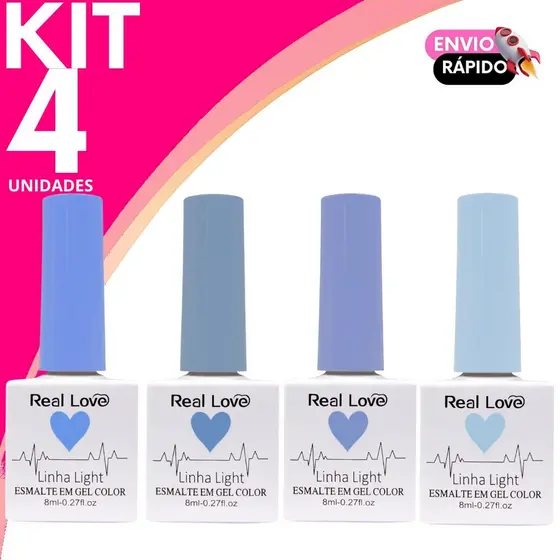 Esmalte em Gel Real Love Linha Light Tons de Azul Kit Completo Secagem Rápida Cabine LED/UV