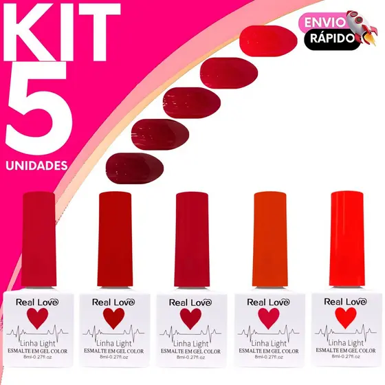 Esmalte em Gel Tons de Vermelho Real Love Linha Light Secagem Rápida Cabine LED/UV Alta Durabilidade
