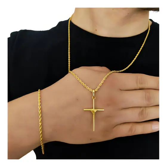 Cordão E Pulseira Elo Baiano 3mm Moeda Antiga Pingente Cruz