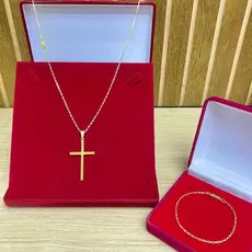 Corrente caixotinho 2mm+ Pulseira + Pingente Cruz lisa 100% moeda 18k