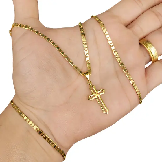 Corrente Cordão Piastrine 2mm + Pulseira + Pingente Cruz Vazada Moeda Antiga
