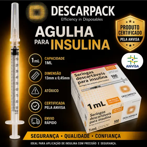 Seringa Insulina DESCARPACK - 13mmx0,45mm 1ml Capacidade Em Volume 1 Ml