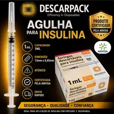 Seringa Insulina DESCARPACK - 13mmx0,45mm 1ml Capacidade Em Volume 1 Ml