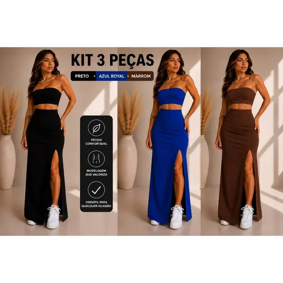 Kit Conjunto Feminino Premium Saia Longa com Fenda Top Faixa Sem Bojo