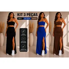 Kit Conjunto Feminino Premium Saia Longa com Fenda Top Faixa Sem Bojo