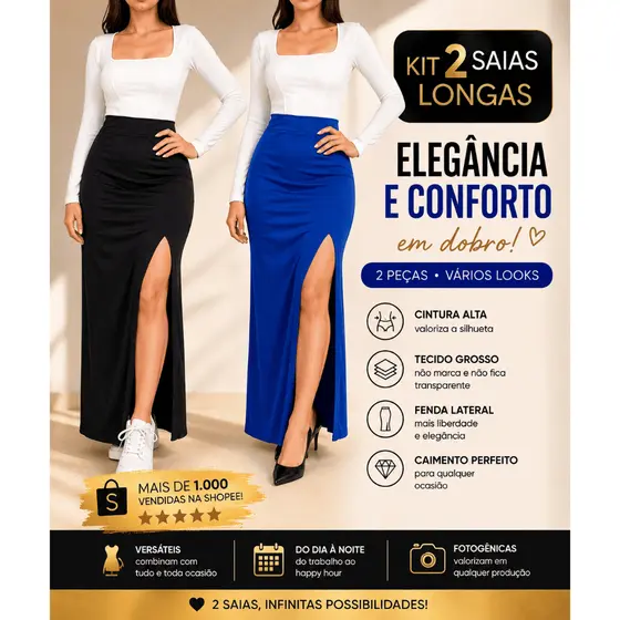 Kit 2 Saias Longas Femininas Premium Com Fenda ZERO Transparência