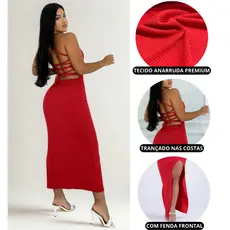 Vestido Longo Feminino Elegante Costas nua Trançada Fenda Lateral Empina Bumbum Colado Amarração
