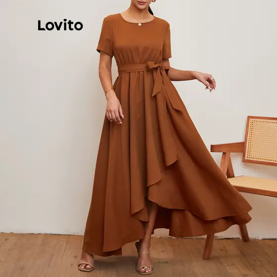 Lovito Vestido De Baile Simples Feminino Com Gola Redonda L20D032 (Brown)