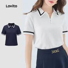Lovito Casual Camiseta Gola Lisa E Contrastante De Manga Curta Solta Verão/primavera Mulheres L49ED029 (Multicolorido)
