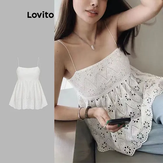 Lovito Regata Boho Com Ilhó Liso Bordado Babado Bainha Top De Verão Para Mulheres L74ED138