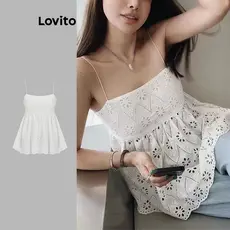Lovito Regata Boho Com Ilhó Liso Bordado Babado Bainha Top De Verão Para Mulheres L74ED138
