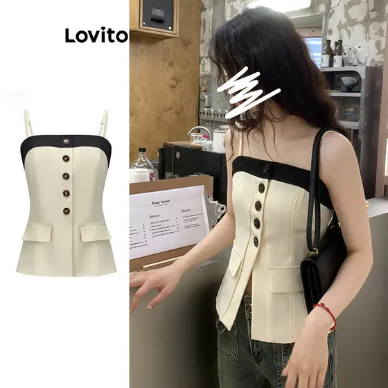 Lovito Regata Casual Lisa Colorblock Botão Falso Bolso Regata Para Mulheres L70AD031 (damasco)