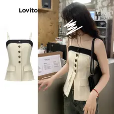 Lovito Regata Casual Lisa Colorblock Botão Falso Bolso Regata Para Mulheres L70AD031 (damasco)
