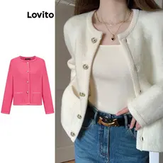 Lovito Casual Cardigã Feminino Liso com Bolso e Botão Frontal LNA30039 (Multicolorido)