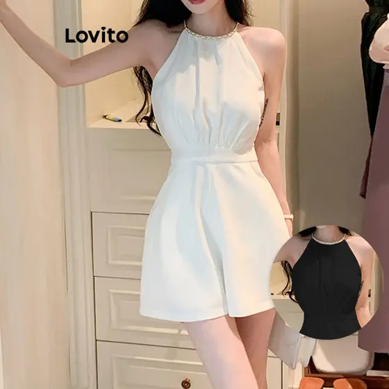 Lovito Macacão Elegante De Metal Básico Verão/Primavera Para Mulheres LNE30044 (Branco)