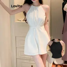 Lovito Macacão Elegante De Metal Básico Verão/Primavera Para Mulheres LNE30044 (Branco)