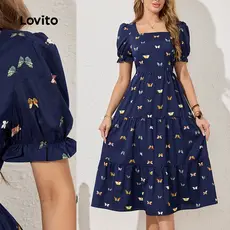 Lovito Vestido Casual Borboleta Estrutura Linha Dupla Camada Mangas Bufantes Vestido Para Mulheres LBL22548