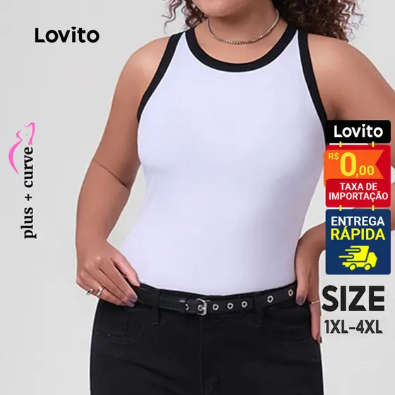 Lovito Regata Feminina Plus Size Gola Contrastante LB249BRL278