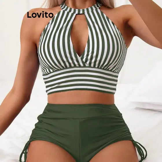 Lovito Conjuntos De Biquíni Casuais Listrados Com Corte Frontal E Gravata Para Mulheres LNL73194