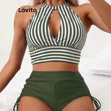 Lovito Conjuntos De Biquíni Casuais Listrados Com Corte Frontal E Gravata Para Mulheres LNL73194