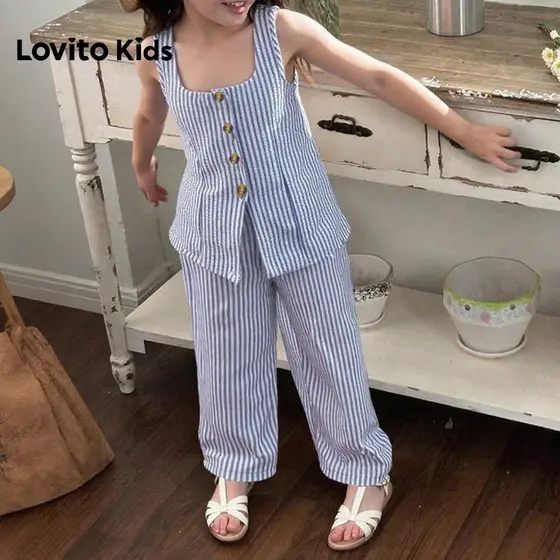 Lovito Kids Conjuntos Casuais de Calças com Botão Primavera/verão Conjuntos Azuis de Calças para menina L192AD025