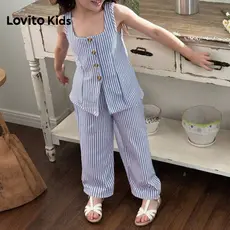 Lovito Kids Conjuntos Casuais de Calças com Botão Primavera/verão Conjuntos Azuis de Calças para menina L192AD025