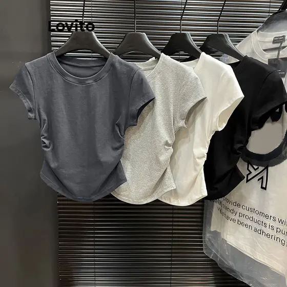 Lovito Camiseta Casual De Verão/primavera Lisa Franzida Para Mulheres LNE35228 (multicolorida)