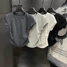 Lovito Camiseta Casual De Verão/primavera Lisa Franzida Para Mulheres LNE35228 (multicolorida)
