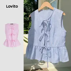 Lovito Férias Regata Listrada Com Amarração Frontal Primavera/verão Com Babados Para Mulheres L106AD080