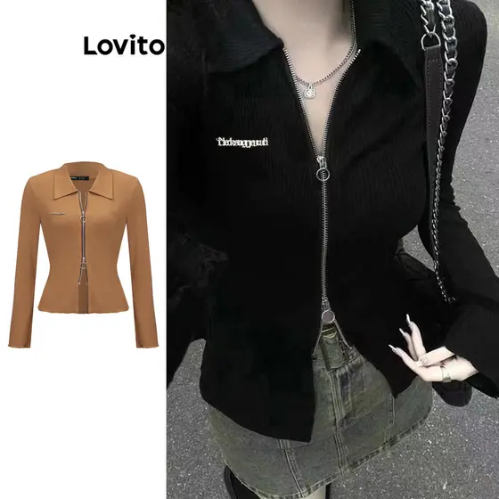 Lovito Camiseta Casual Com Zíper Liso Para Mulheres LNA27136 (Multicolorido)