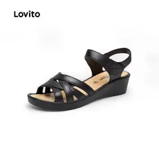 Lovito Sandálias planas casuais lisas cruzadas para mulheres LFA66218