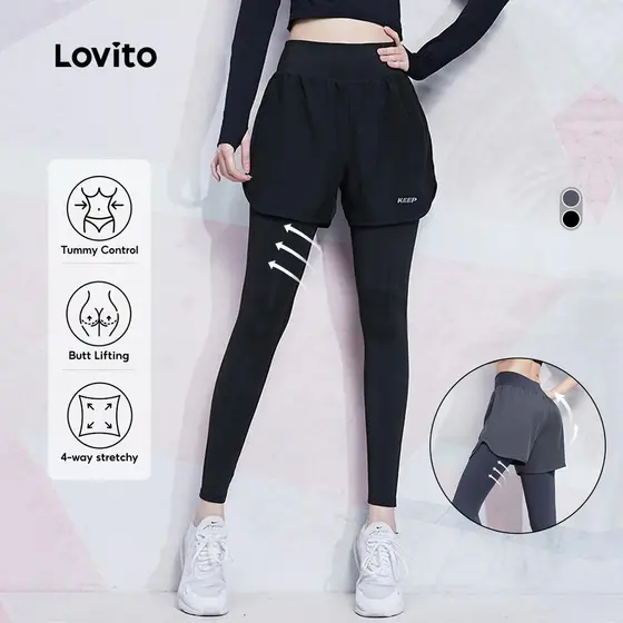 Lovito Legging Esportivo 2-em-1 Linha Estrutural Levantamento de Bunda Secagem Rápida para Treinos LNL59032