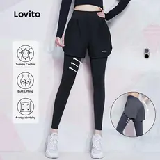 Lovito Legging Esportivo 2-em-1 Linha Estrutural Levantamento de Bunda Secagem Rápida para Treinos LNL59032