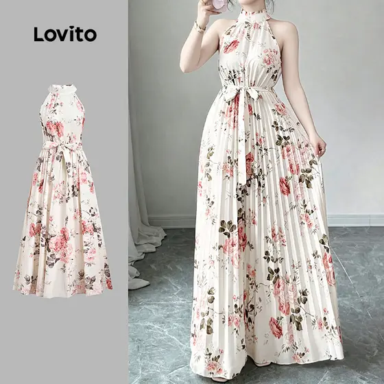 Lovito Vestido Boho Estilo Resort com Cinto Flores Vestido Primavera/Verão para Mulheres LK3LD443