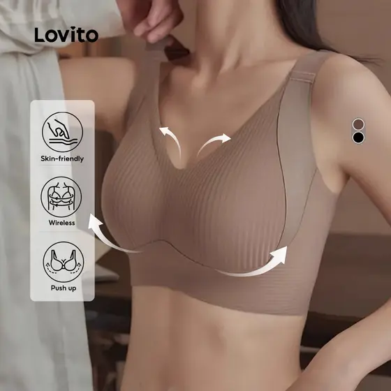 Lovito Casual Bralette Café Anti-Flacidez Sem Costura Sem Arame Push Up Pele Amigável LNE1132X025