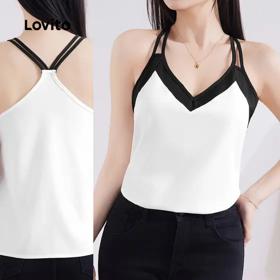 Lovito Regata Casual com Gola Contrastante, Bloco de Cores, Verão, Preta e Branca para Mulheres L132ED598
