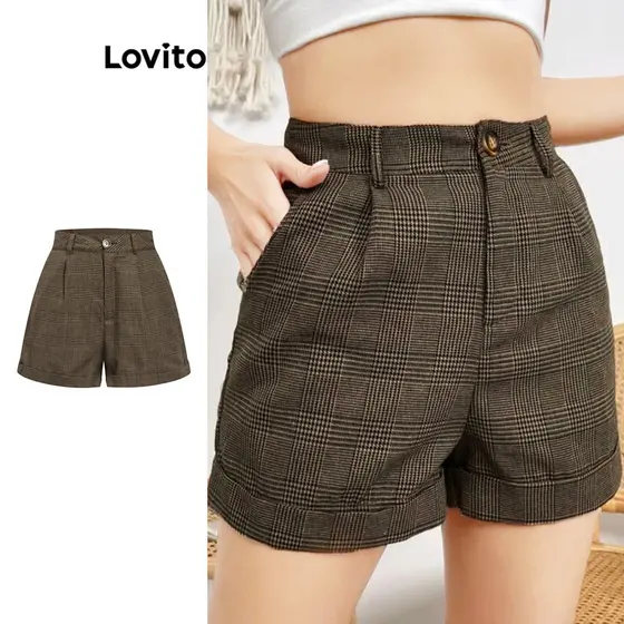 Lovito Shorts Casuais Xadrez Com Bolso Curto Para Mulheres L108ED670