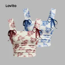 Lovito Regata Elegante Com Laço Floral Frontal Franzida Regata De Verão Para Mulheres L105MD049