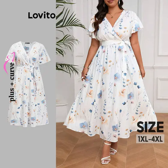 Lovito Vestido Curvo Plus Size Boho Floral Com Cadarço Vestido Estampado Para Mulheres LBL18750