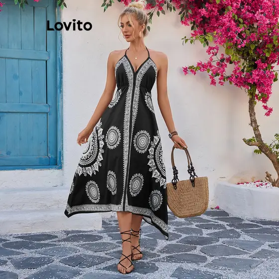 Lovito Vestido Com Estampa Tribal E Amarração Nas Costas Nuas Primavera/Verão Vestido De Praia Para Mulheres LBL18742