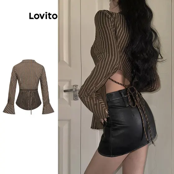 Lovito Blusa Casual Listrada Com Amarração Nas Costas E Manga Trompete Para Mulheres L106AD1249