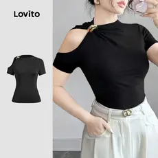 Lovito Camiseta Casual Preta Assimétrica Com Detalhes Metálicos Para O Verão/primavera Para Mulheres L150AD1022